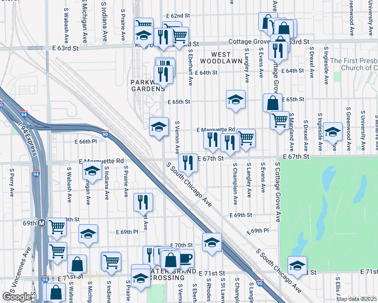 map of restaurants, bars, coffee shops, grocery stores, and more near 6644 South Marquette Road in Chicago