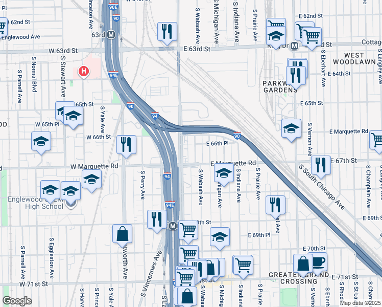 map of restaurants, bars, coffee shops, grocery stores, and more near 6648 South Wabash Avenue in Chicago