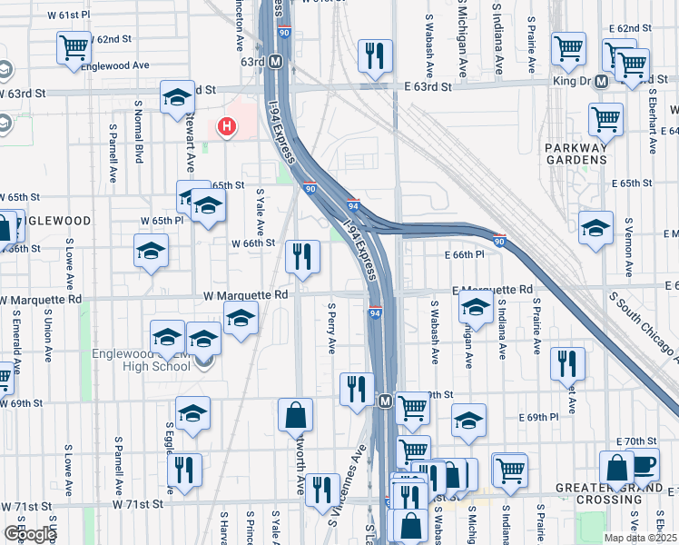 map of restaurants, bars, coffee shops, grocery stores, and more near 6636 South Perry Avenue in Chicago
