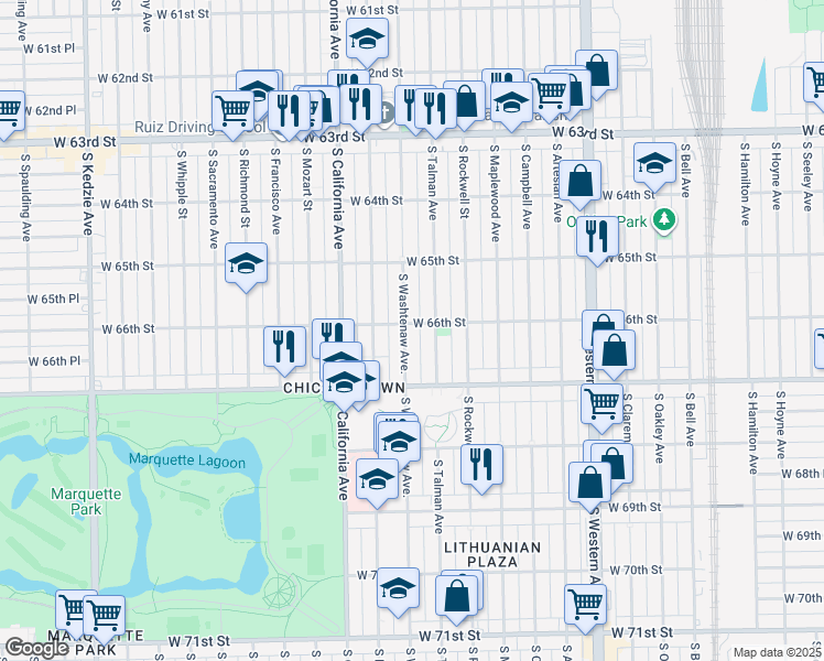 map of restaurants, bars, coffee shops, grocery stores, and more near 6600 South Talman Avenue in Chicago