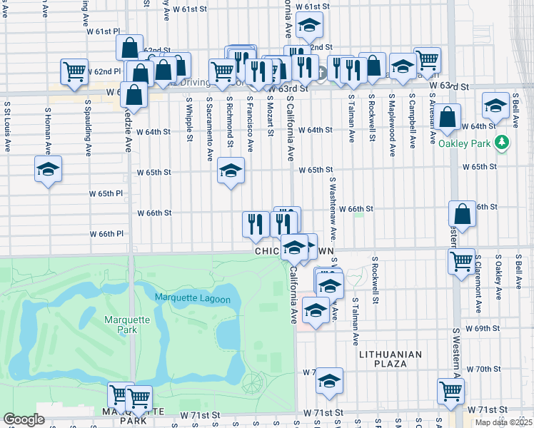 map of restaurants, bars, coffee shops, grocery stores, and more near 6604 South Mozart Street in Chicago