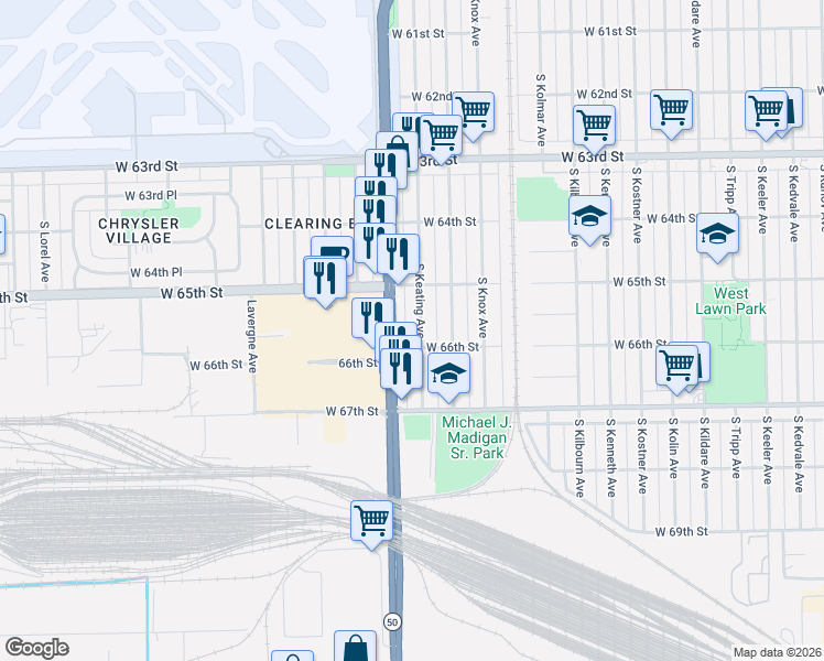 map of restaurants, bars, coffee shops, grocery stores, and more near 6542 South Keating Avenue in Chicago