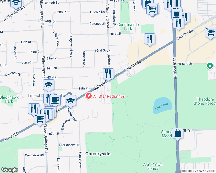 map of restaurants, bars, coffee shops, grocery stores, and more near 10901 Joliet Road in Countryside