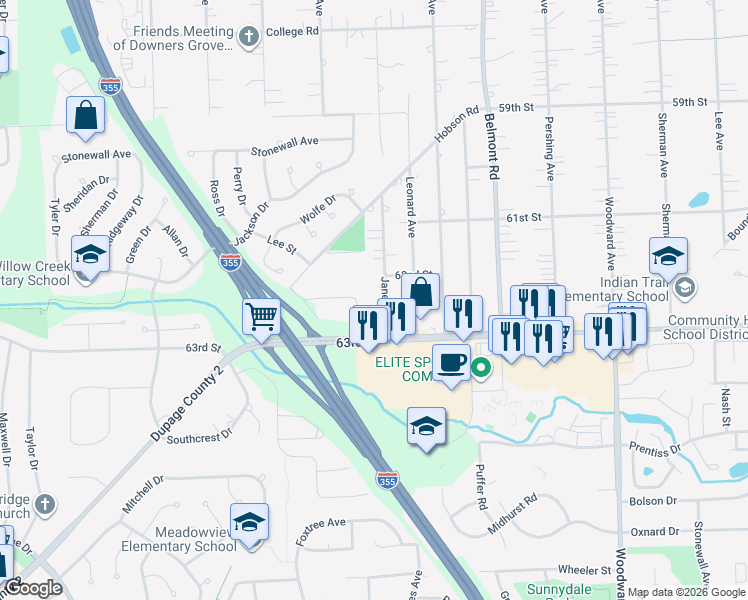 map of restaurants, bars, coffee shops, grocery stores, and more near 2498 Huntleigh Lane in Woodridge
