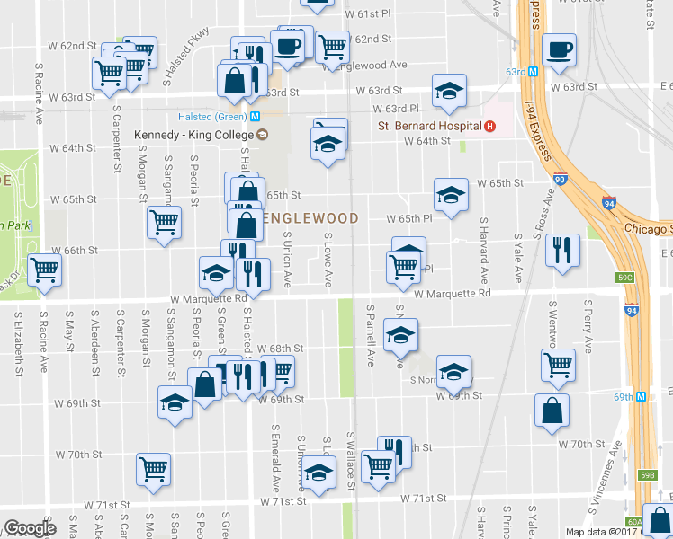 map of restaurants, bars, coffee shops, grocery stores, and more near 6629 S Lowe Ave in Chicago