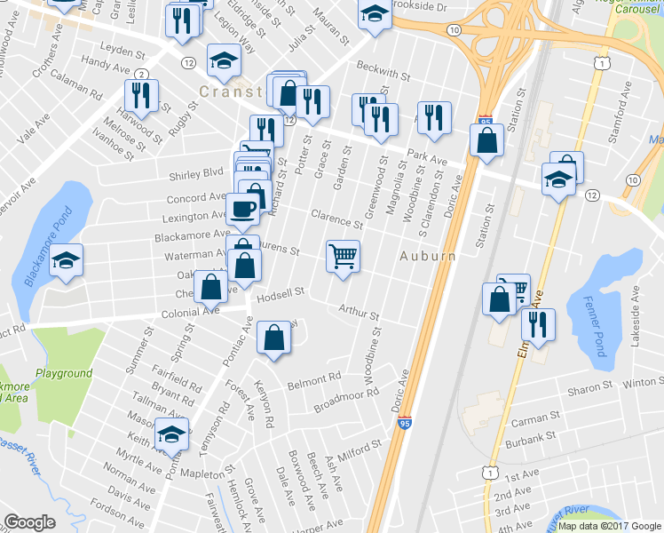 map of restaurants, bars, coffee shops, grocery stores, and more near 144 Laurens St in Cranston