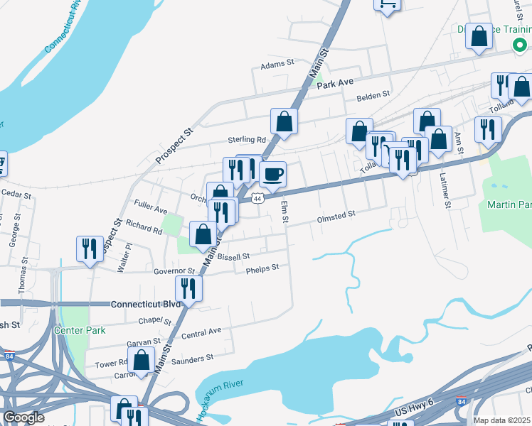 map of restaurants, bars, coffee shops, grocery stores, and more near 47 Rector Street in East Hartford