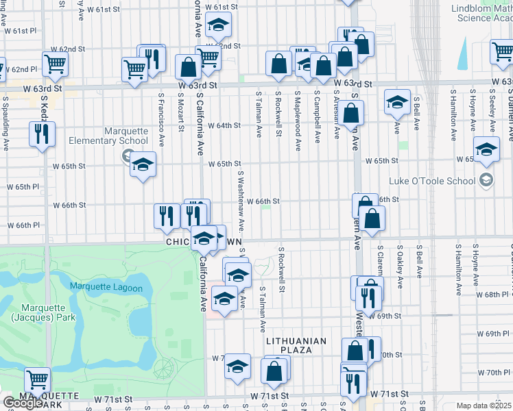 map of restaurants, bars, coffee shops, grocery stores, and more near 6600 South Talman Avenue in Chicago