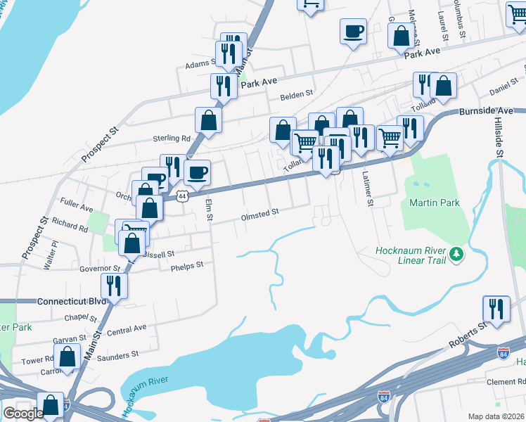 map of restaurants, bars, coffee shops, grocery stores, and more near 66 Olmsted Street in East Hartford
