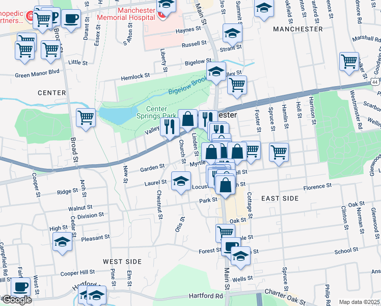 map of restaurants, bars, coffee shops, grocery stores, and more near 11 Chestnut Street in Manchester