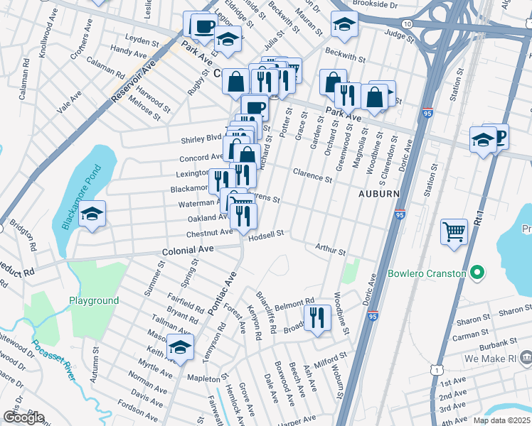 map of restaurants, bars, coffee shops, grocery stores, and more near 141 Potter Street in Cranston