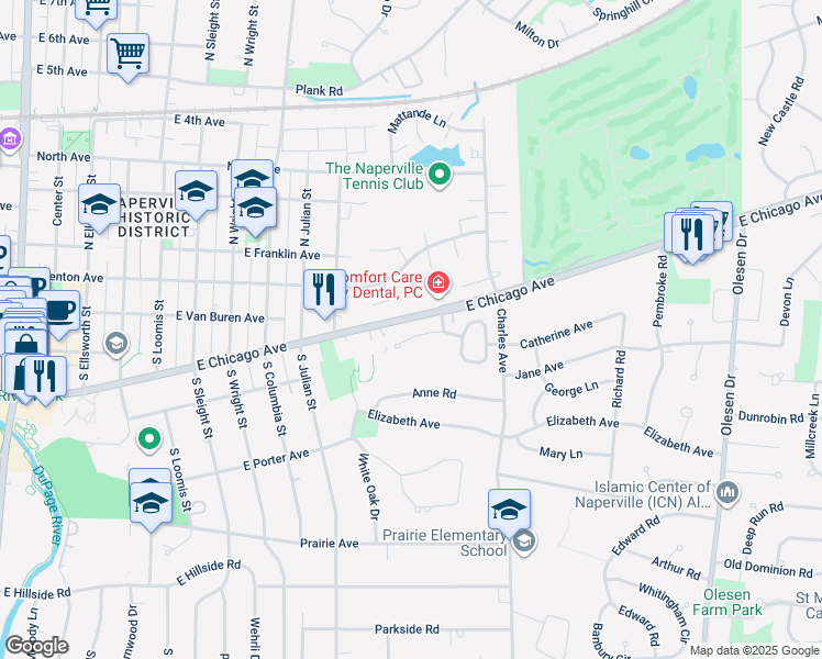 map of restaurants, bars, coffee shops, grocery stores, and more near 1019 Catherine Court in Naperville