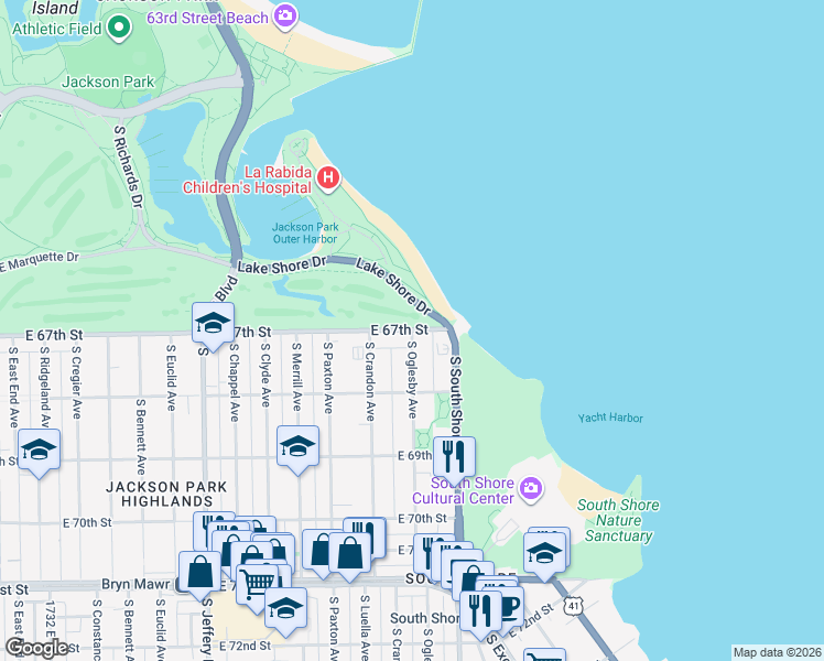 map of restaurants, bars, coffee shops, grocery stores, and more near E 67th St & S Oglesby Ave in Chicago