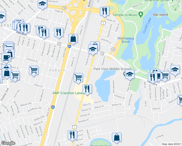 map of restaurants, bars, coffee shops, grocery stores, and more near 1350 Elmwood Avenue in Cranston