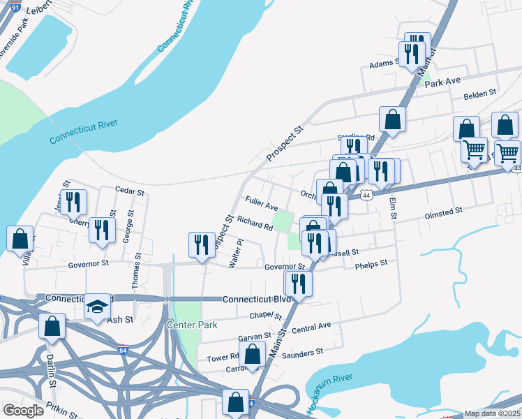 map of restaurants, bars, coffee shops, grocery stores, and more near 27 Fuller Avenue in East Hartford
