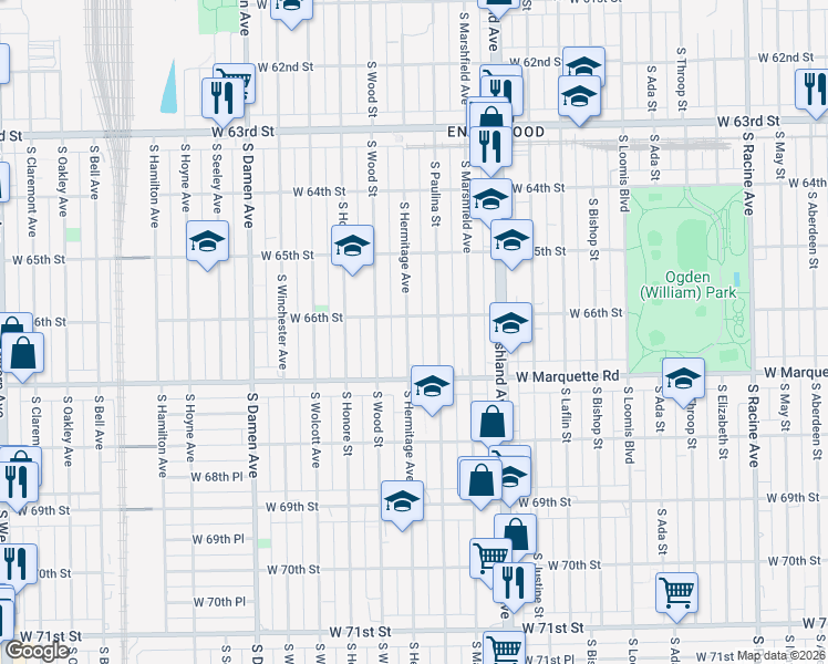 map of restaurants, bars, coffee shops, grocery stores, and more near 6613 South Hermitage Avenue in Chicago