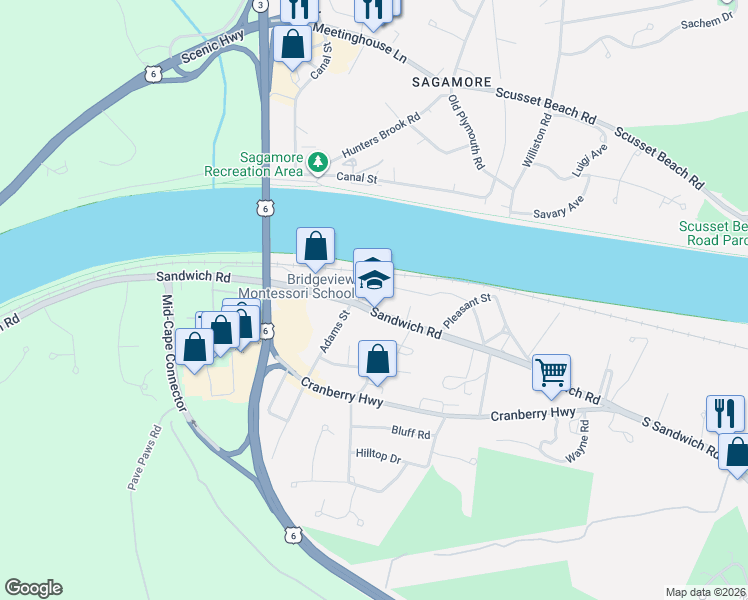map of restaurants, bars, coffee shops, grocery stores, and more near 885 Sandwich Road in Bourne