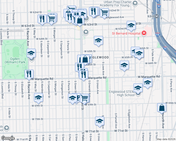 map of restaurants, bars, coffee shops, grocery stores, and more near 718 West 66th Place in Chicago