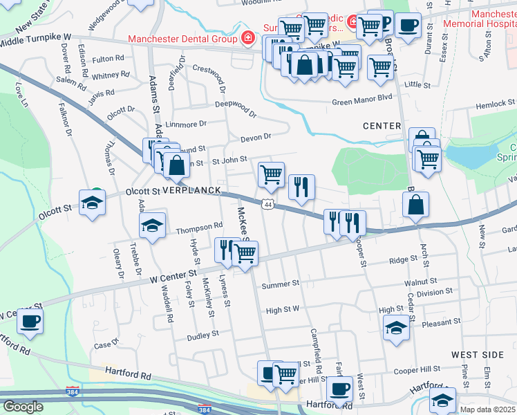 map of restaurants, bars, coffee shops, grocery stores, and more near 8 Dougherty Street in Manchester