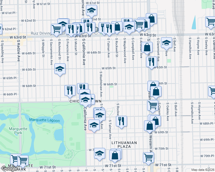 map of restaurants, bars, coffee shops, grocery stores, and more near 6600 South Talman Avenue in Chicago