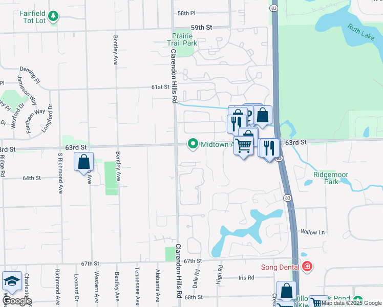 map of restaurants, bars, coffee shops, grocery stores, and more near 315 63rd Street in Willowbrook