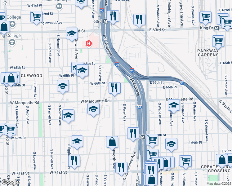 map of restaurants, bars, coffee shops, grocery stores, and more near 6633 South Wentworth Avenue in Chicago