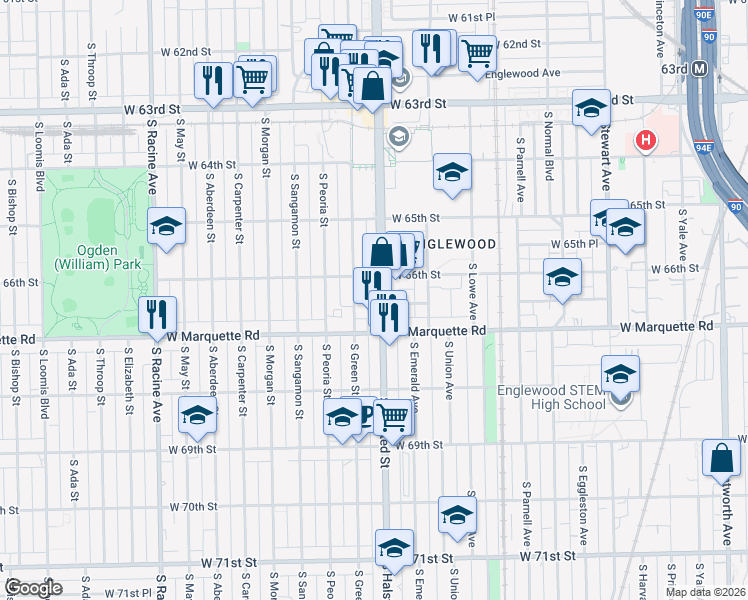 map of restaurants, bars, coffee shops, grocery stores, and more near 6618 S Halsted St in Chicago
