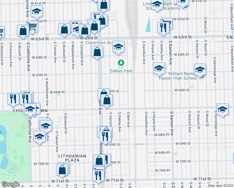 map of restaurants, bars, coffee shops, grocery stores, and more near 6606 South Oakley Avenue in Chicago