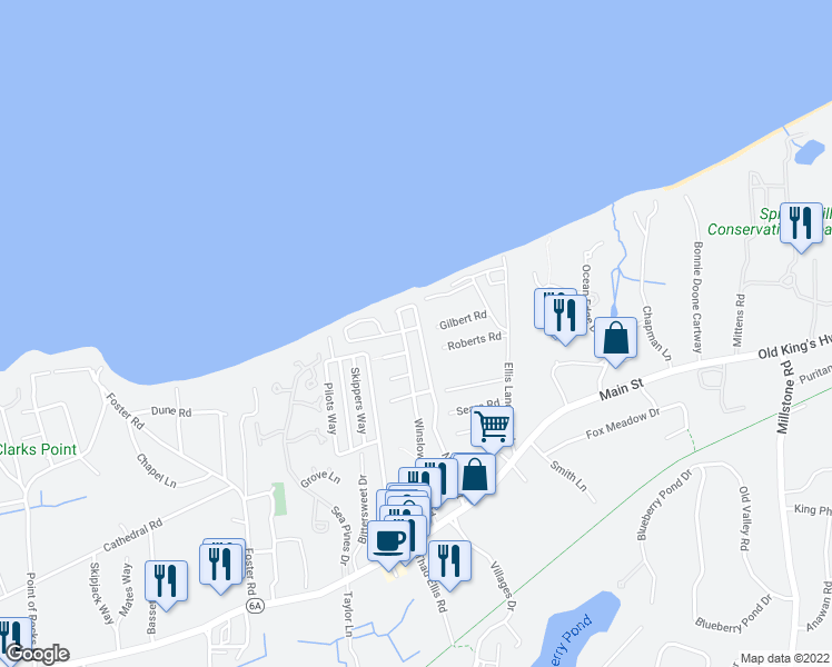 map of restaurants, bars, coffee shops, grocery stores, and more near 5 Ocean Street in Harwich