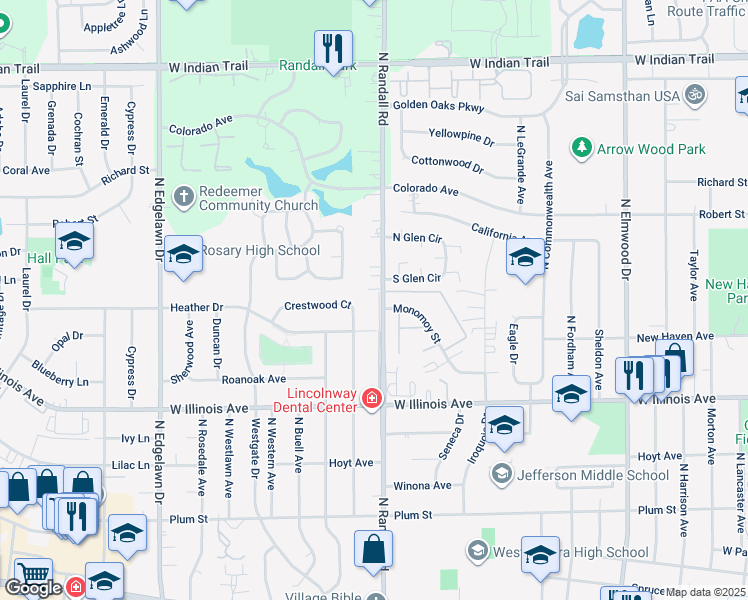 map of restaurants, bars, coffee shops, grocery stores, and more near 830 North Randall Road Frontage in Aurora