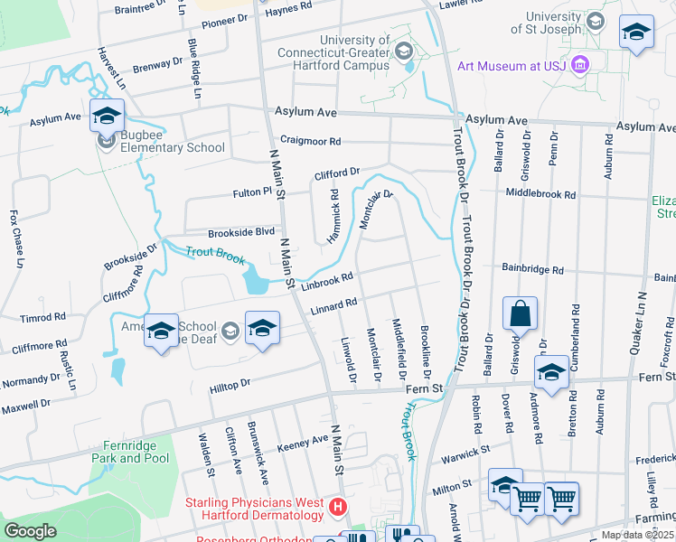 map of restaurants, bars, coffee shops, grocery stores, and more near 56 Linbrook Road in West Hartford
