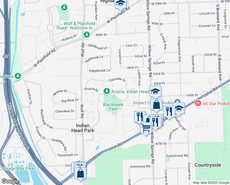 map of restaurants, bars, coffee shops, grocery stores, and more near 112 Cascade Drive in Indian Head Park