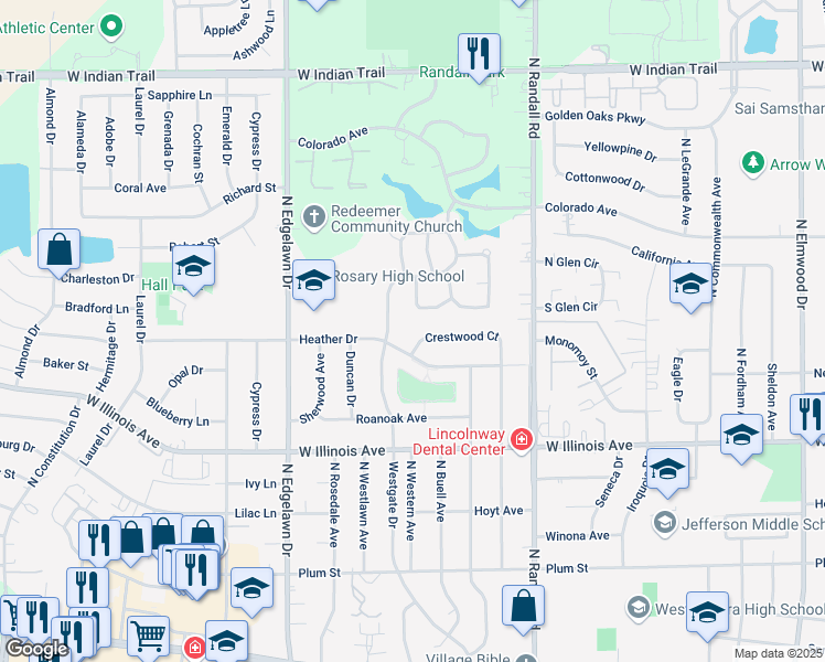 map of restaurants, bars, coffee shops, grocery stores, and more near 1555 Crestwood Court in Aurora