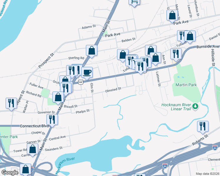 map of restaurants, bars, coffee shops, grocery stores, and more near 66 Olmsted Street in East Hartford