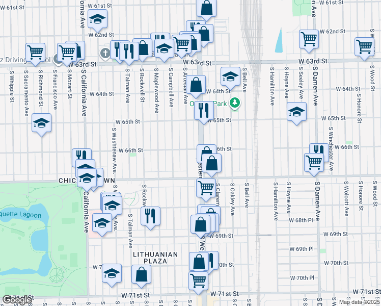 map of restaurants, bars, coffee shops, grocery stores, and more near 6605 South Artesian Avenue in Chicago