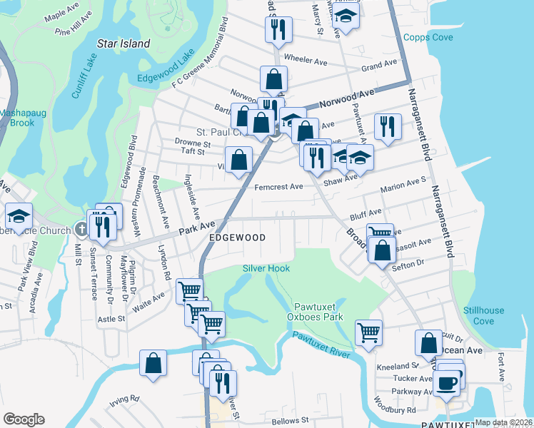 map of restaurants, bars, coffee shops, grocery stores, and more near 89 Park Avenue in Cranston