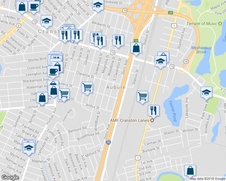 map of restaurants, bars, coffee shops, grocery stores, and more near 232 South Clarendon Street in Cranston