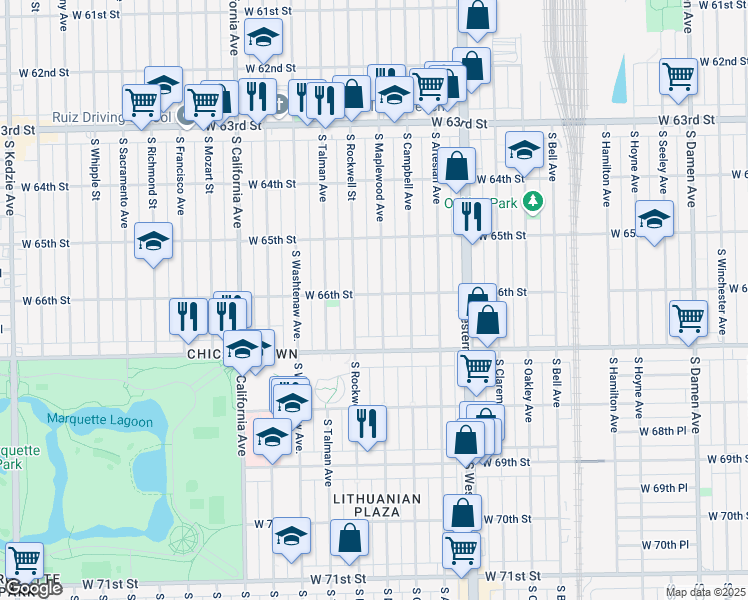 map of restaurants, bars, coffee shops, grocery stores, and more near 6600 South Maplewood Avenue in Chicago