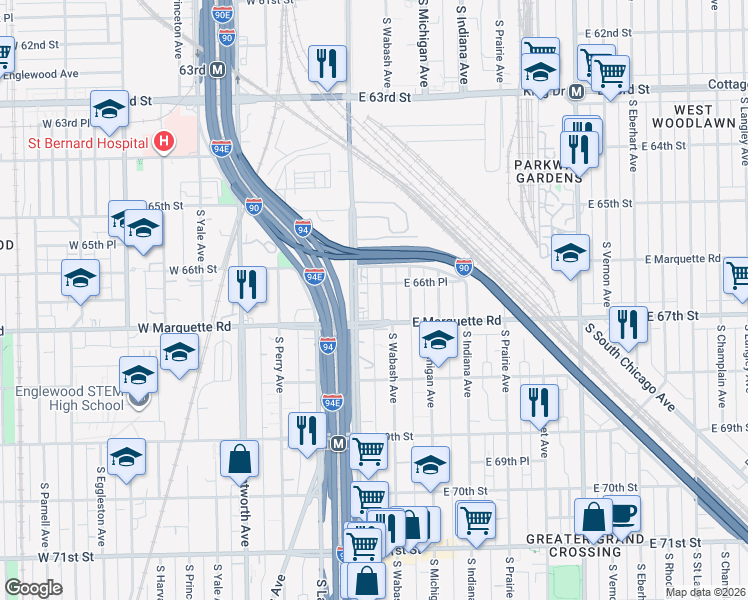 map of restaurants, bars, coffee shops, grocery stores, and more near 6648 South Wabash Avenue in Chicago