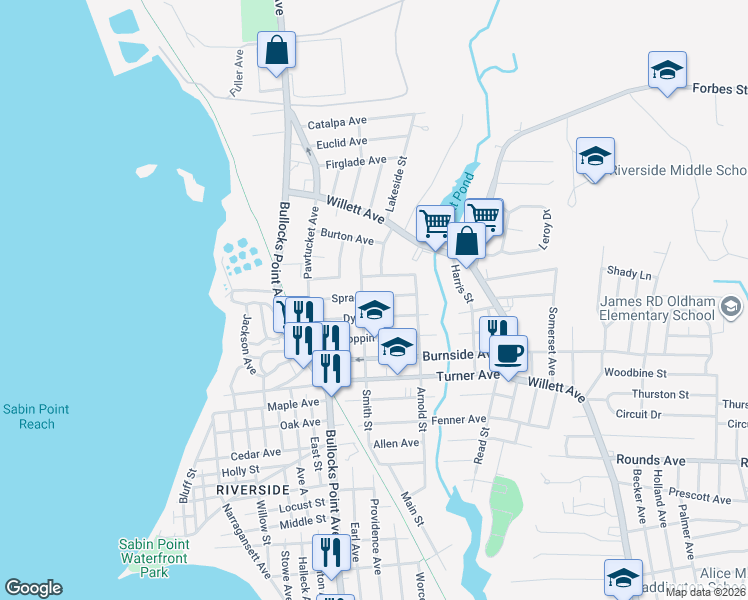 map of restaurants, bars, coffee shops, grocery stores, and more near 57 Sprague Avenue in East Providence