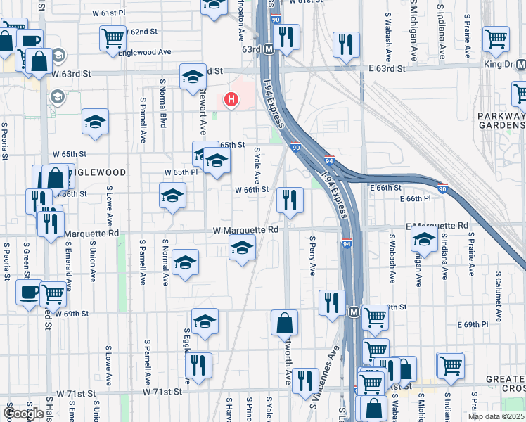 map of restaurants, bars, coffee shops, grocery stores, and more near 6633 South Yale Avenue in Chicago
