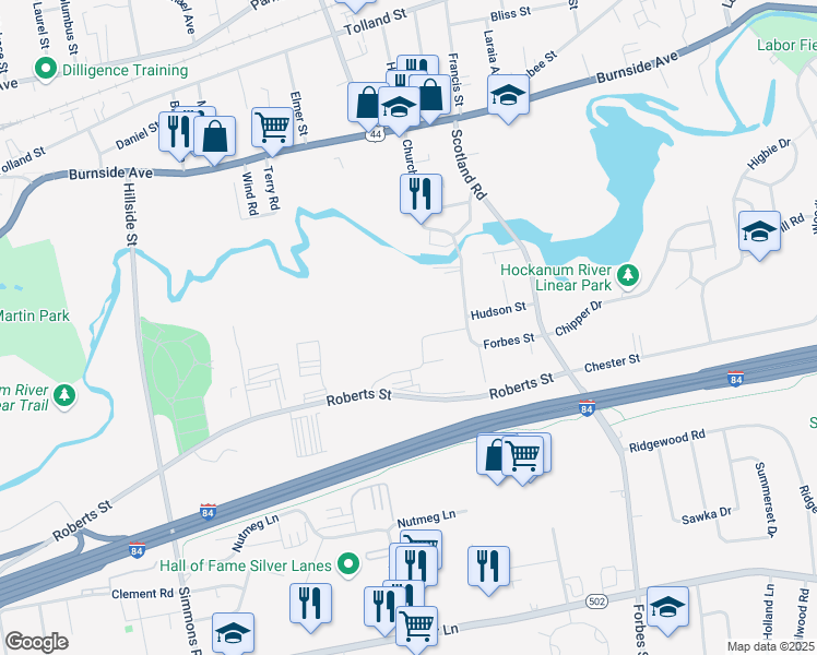 map of restaurants, bars, coffee shops, grocery stores, and more near 30 Old Roberts Street in East Hartford