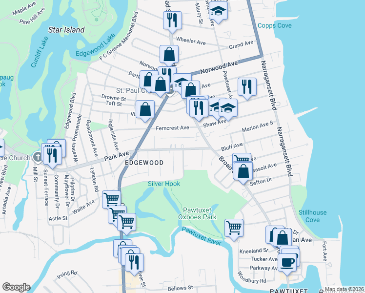 map of restaurants, bars, coffee shops, grocery stores, and more near 61 Park Avenue in Cranston