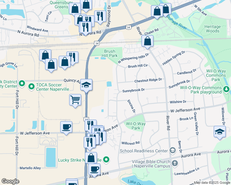 map of restaurants, bars, coffee shops, grocery stores, and more near 3 South Whispering Hills Drive in Naperville