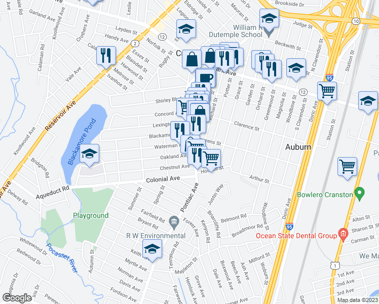 map of restaurants, bars, coffee shops, grocery stores, and more near 505 Pontiac Avenue in Cranston