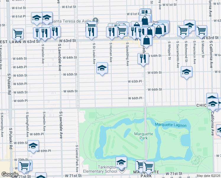 map of restaurants, bars, coffee shops, grocery stores, and more near 6554 South Homan Avenue in Chicago