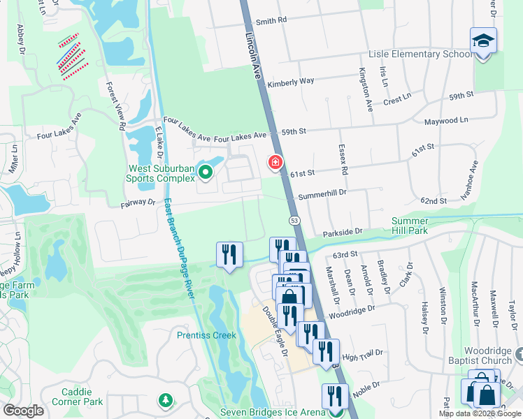 map of restaurants, bars, coffee shops, grocery stores, and more near 1198 Summerhill Drive in Lisle