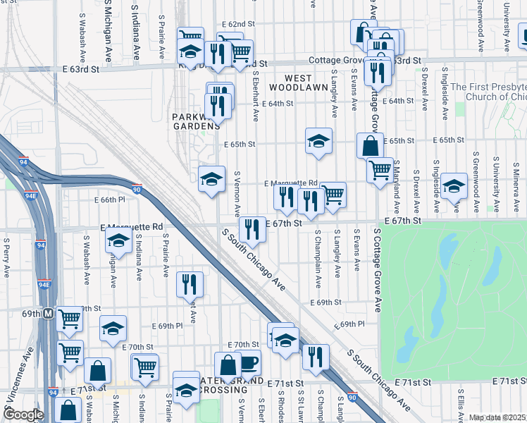 map of restaurants, bars, coffee shops, grocery stores, and more near 6644 South Rhodes Avenue in Chicago