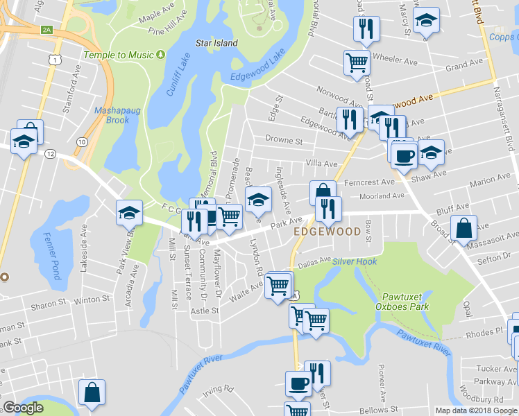 map of restaurants, bars, coffee shops, grocery stores, and more near 37 Beachmont Avenue in Cranston