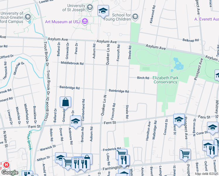 map of restaurants, bars, coffee shops, grocery stores, and more near 76 Bainbridge Road in West Hartford
